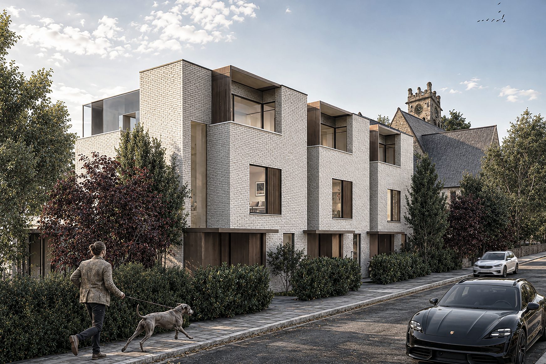 Street view of the four brick residences at 53 Belsize Square
