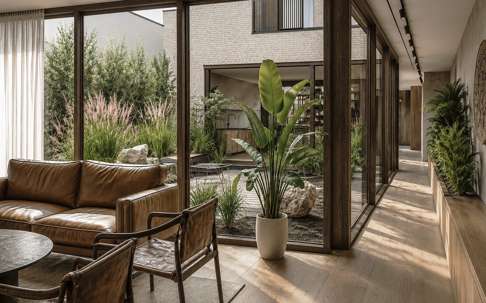 Living room at 53 Belsize Square opening onto a planted courtyard