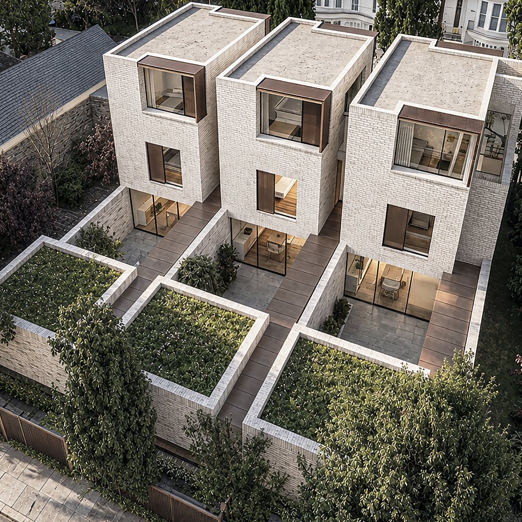 Aerial view of 53 Belsize Square and its courtyard gardens